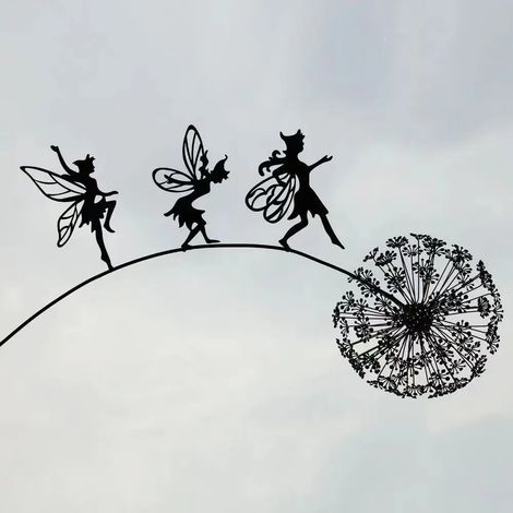 Silhouette d'elfe en métal pour jardin, sculpture paysagère moderne, décoration féerique, pissenlits sur piquet, décoration de jardin, pelouse B (1/5)