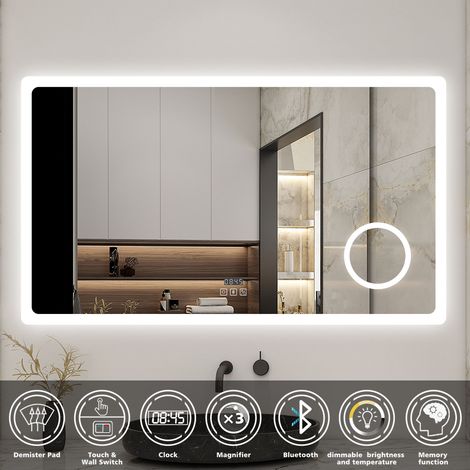 Bathroom Mirror Led Mirror 3 Color Lights Bluetooth, 1200x700mm Dimmable Illuminated Backlit Wall Mirror with Desmister, Magnifying, Clock, Touch, Brightness Memory, 3000K-6000K (1/5)