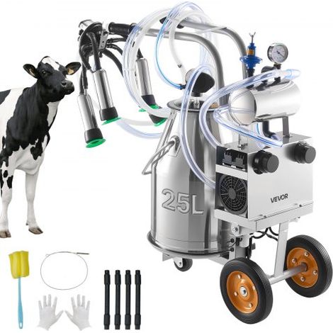 Machine à Traire Électrique pour Vaches Seau 25 L Trayeuse de Bovin Acier Inox 304 sur Roues,avec Gobelets Trayeurs Qualité Alimentaire,Tuyau en Silicone,Forte Aspiration,Pulsation à Vide (1/3)