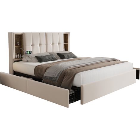 Lit double en velours beige 160x200 cm avec charge sans fil, USB-C et 4 tiroirs, sommier inclus (1/5)