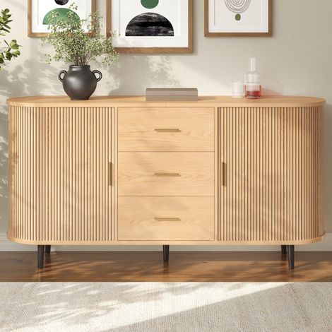 Buffet enfilade 160 x 40x80,5 cm 3 tiroirs portes coulissantes latérales côtés arrondis rainurés pieds fer MDF noyer (1/5)