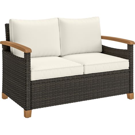 Outsunny 2 Seater Rattan Garden Sofa with Acacia Wood Armrests, Brown