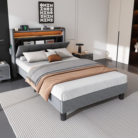 Upholstered Bed, Single Bed 90x190cm, Lower Flap Door Storage, With LED Light Strip, 3 USB port+1 Type C, Durable and Sturdy, Youth bed, for Adults & Teenagers, Velvet, Grey
