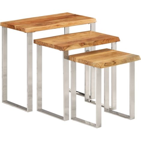 Lot de 3 tables d'appoint gigognes en bois massif d'acacia et acier DEC032693