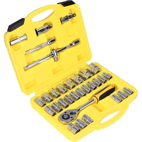 Set mit 32 Cr-V-Stahl-Schlagschrauber-Einsätzen, konvexem Spiegelgriff, 1/2-Zoll-Ratschenschlüssel, professionellem Werkzeugkoffer. (1/5)