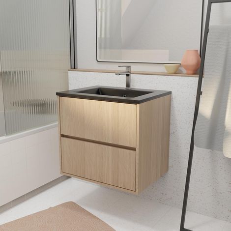 Mobile bagno da 60 cm 2 Casseti Rovere Chiaro + Lavabo Ceramica Nera - XENOS