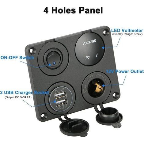 Zigarettenanzünderbuchse, zwei 4,2-A-USB-Anschlüsse, 12-V-Gleichstromsteckdose, Schalter und LED-Voltmeteranzeige. Wasserdichte Kfz-Ladesteckdose für 12-V-/24-V-Fahrzeuge (Pkw, Boote, Motorräder, Lkw, (1/4)