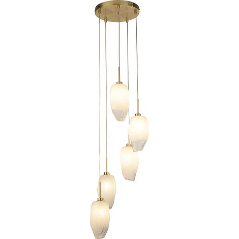 Searchlight Rocky Suspension à 5 lampes en forme de goutte d'eau, métal et verre en laiton satiné (1/4)