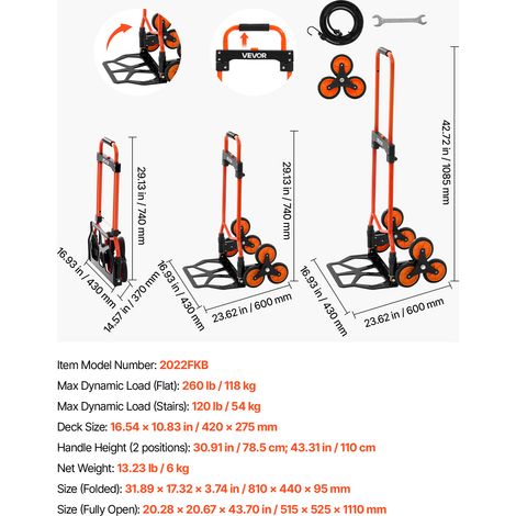 VEVOR Stair Climbing Cart, 54 kg Stair-Climbing Capacity, Portable Folding Trolley Cart with Telescoping Handle, 6 Wheels and 2 Bungee Cords, Stair Climber Dolly for Home, Groceries, Warehouse (1/4)