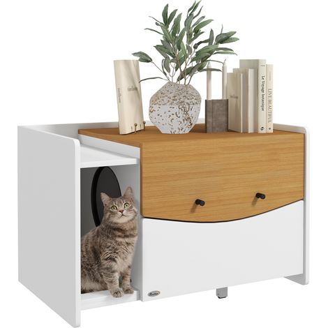 Uitschuifbare kattenbak, kastmodel, kattenbakvulling, 78x50x51cm, eiken/wit