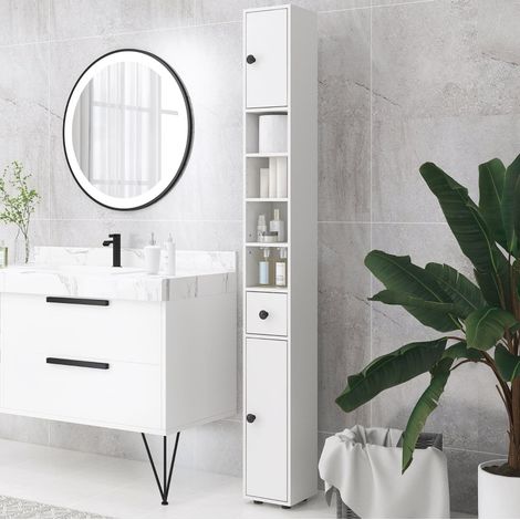 Colonne de salle de bain en bois blanc 20x20x180 cm avec tiroir, 4 niches et étagères réglables (1/5)