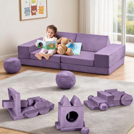 Canapé modulable enfant 12 pièces – Sofa créatif évolutif avec tunnel et 2 balles en mousse – Housse lavable – Idéal chambre ou salle de jeux – Développe imagination et confort – Couleur violet (1/5)
