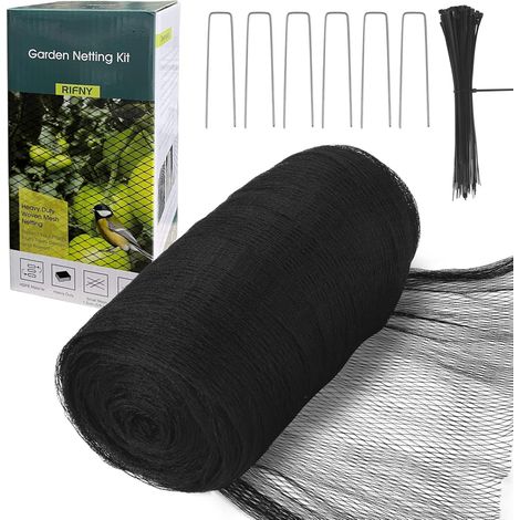 Filet de protection pour oiseaux 4x12 m, filet de protection pour oiseaux à mailles étroites (12x12 mm), résistant aux intempéries et aux UV, 6 crochets de terre et 50 serre-câbles (noir) (1/5)