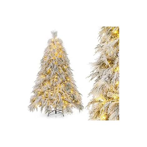 COSTWAY Albero di Natale Innevato 146/192 CM, Albero di Natale ArtificialePre-Luminoso con Cerniera e 150/250 Luci LED Bianche Calde, 279/519 Punte di Ramo, Ago di Pino (192 CM) (1/5)