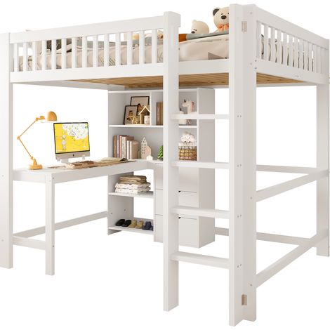 Lit mezzanine 140x200 cm avec bureau, 3 tiroirs, rangements ouverts et échelle, blanc, pour enfant dès 6 ans - CHICFURN (1/5)
