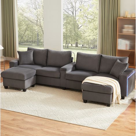 U-Canapé aus grauem Cord mit 2 Hockern, Leselampe, USB/Type-C, LED HAVRYA (1/5)