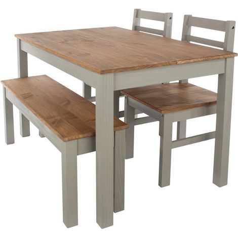 Linea 1500 mm Large Rectangular Dining Table with Bench and 2 Corona Dining Chairs - Antique Waxed Pine/Grey - Flat Packed