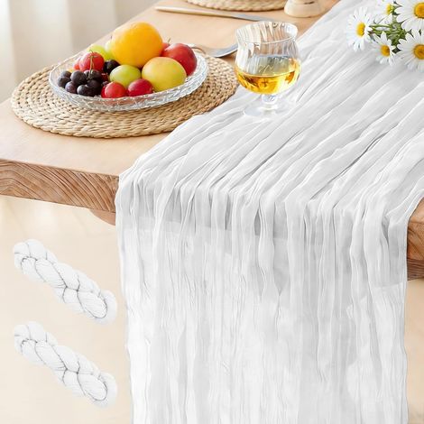 Lot de 2 Chemin de Table Blanc, 300 x 90 cm Style Bohème Table de Cuisine en Gaze pour Les Mariages, Anniversaires, Fêtes Prénatales, Enterrements de Jeune Décorations de Banquets (1/5)