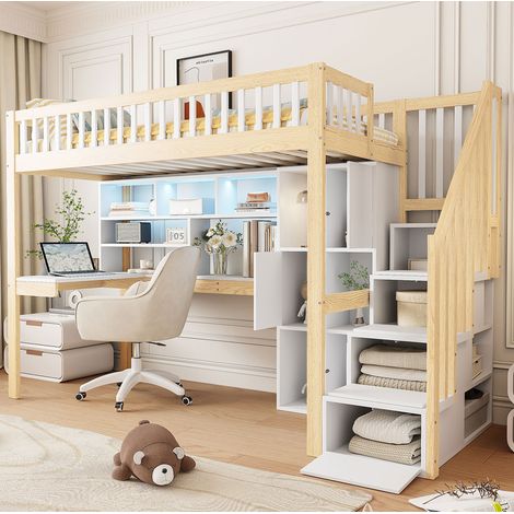 Lit mezzanine 90x200 cm avec LED, échelle de rangement et bureau, en bois, blanc et naturel, sans matelas (1/5)