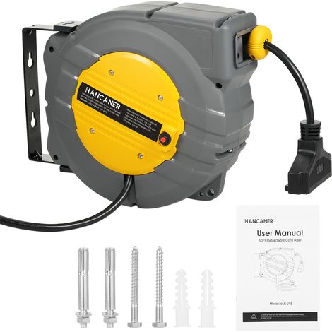 Enrouleur de rallonge rétractable, alimentation électrique de 50 + 4,5 pieds 12AWG 15,6A, 3C SJT avec prise triple mise à la terre (tension américaine 120V), montage mural/plafond (pivotant à 180°), b (1/5)