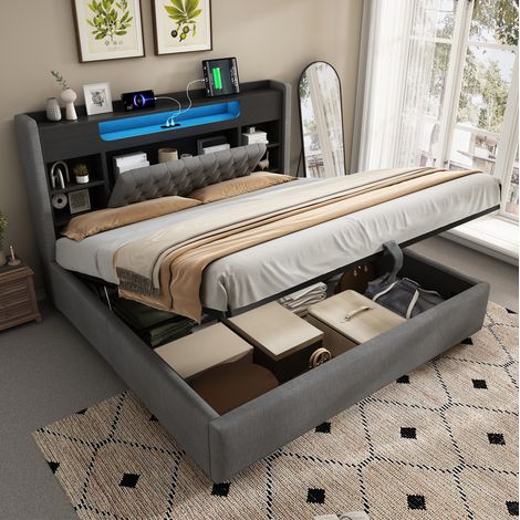 Letto matrimoniale contenitore LED 160x200 lino OKMYHOME (1/5)