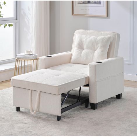 Sofá cama individual extensible 3 en 1 blanco con portavasos y puerto USB, sillón reclinable (1/5)