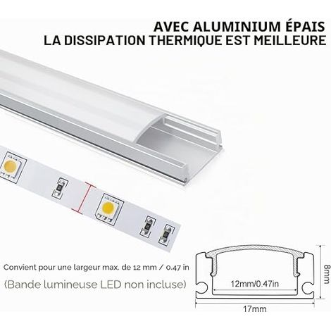 Profilé LED Aluminium en U 1 m Argent, Diffuseur Opalin, Embouts et Clips, Rail pour Ruban LED, Dissipateur de Chaleur, Installation LED (1/4)
