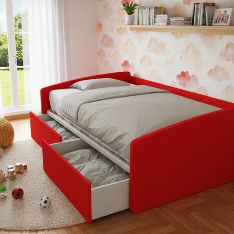 Divano letto singolo 120x190 con cassetti - Ideale per camerette - Rosso