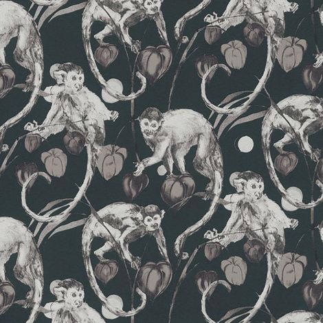 Monkey Jungle Wallpaper Textured Embossed Tropical Vinyl Black White (1/4)