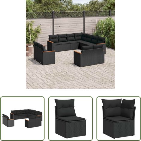 Rattanmöbel -  11-tlg. Garten-Sofagarnitur mit Kissen Schwarz Poly Rattan (1/5)