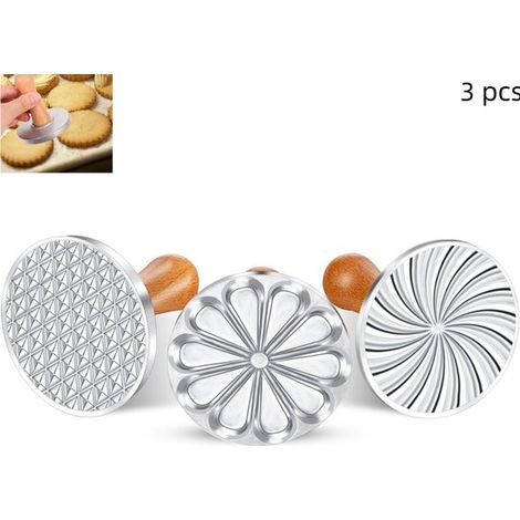 Set di 3 tagliabiscotti rotondi in metallo con manici in legno, pressa rotonda per biscotti, torte e pasticcini fatti in casa, 3 diverse forme di fiori (1/5)