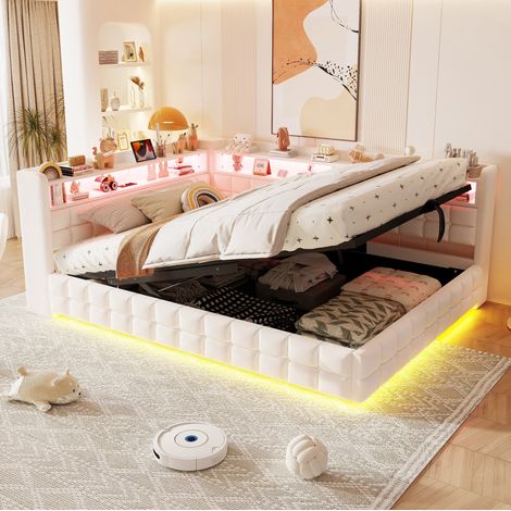 Canapé-lit 140x200 cm en velours beige avec rangement LED, gain de place sans matelas – MEUBLIV (1/5)