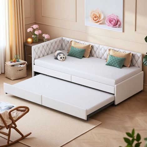 Divano Letto Clic-Clac 90x200 cm Aperto 180x200 cm - Velluto Beige - Design Convertibile a Rombi Trapuntato