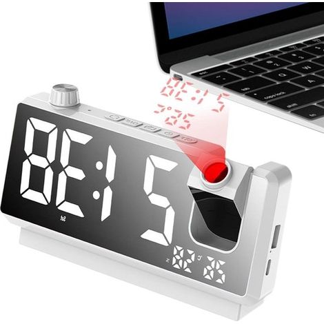 Reloj de proyección digital - Despertador con temporizador inteligente - Dormitorio moderno - Giratorio 180 grados - 7,3 x 3,5 pulgadas - Blanco (1/5)