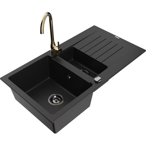 Mexen Matias fregadero de granito 1,5-bandejas con escurridor y grifo de cocina Telma, negro - 6502-77-670200-50-B