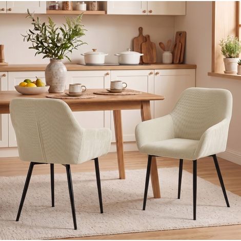 Juego de 2 sillas de comedor color crema con reposabrazos, tapizado de pana y patas metálicas (1/5)