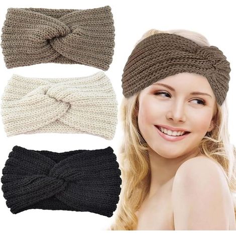Diadema de punto, turbante elástico suave de 3 piezas, calentador de orejas de ganchillo para invierno, para mujer, uso diario, deportes, esquí. (1/5)