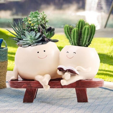 Flower Pot with Face, Cute Resin Flower Pot, Smiling Face Succulent Pot, for Succulents with Drainage Hole (1/5)