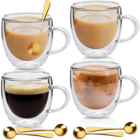 Set de 4 tasses à café à double paroi 250ml avec cuillères, verres thermiques pour Latte Macchiato, Espresso