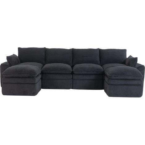 Modulares 4-Sitzer-Sofa aus schwarzem Cord mit 2 Hockern, Kissen und Seitentaschen (1/5)