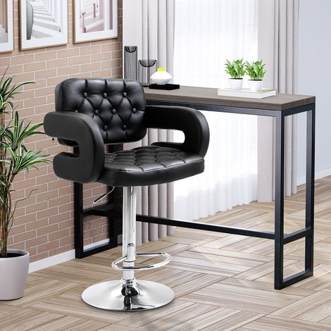 Noir - Tabouret de bar réglable en PU avec dossier, repose-pieds, accoudoirs et siège souple, cadre acier, pour péninsule cuisine