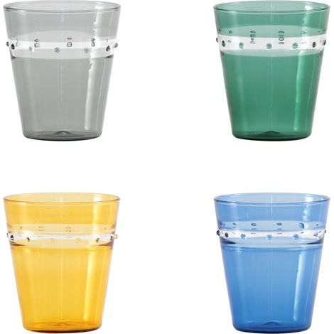 Zafferano Set 4 Bicchieri A Pallini in vetro borosilicato soffiato a mano, lavorazione tecnica incalmo muranese, colori assortiti, design impilabile