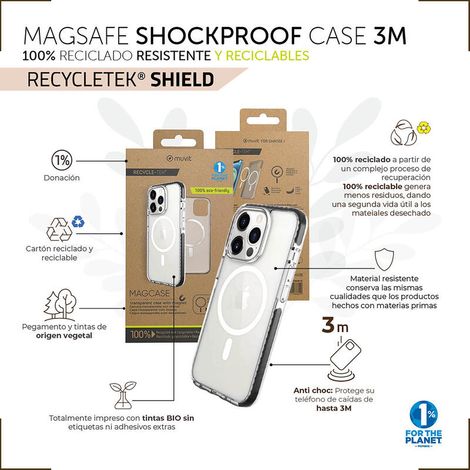 muvit for change funda recycletek Magsafe shockproof 3m compatible con Apple iPhone 14 transparente/negra
