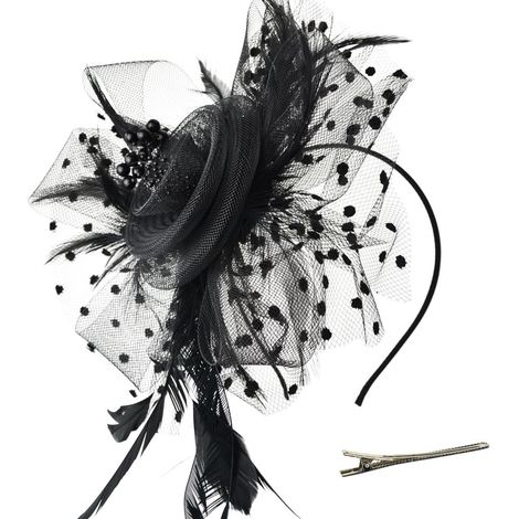 Feder-Fascinator – 1-teilig – Sinamay und Schleier – Clip und Haarband – Hochzeit, Cocktail, Tee – Schwarz (1/5)