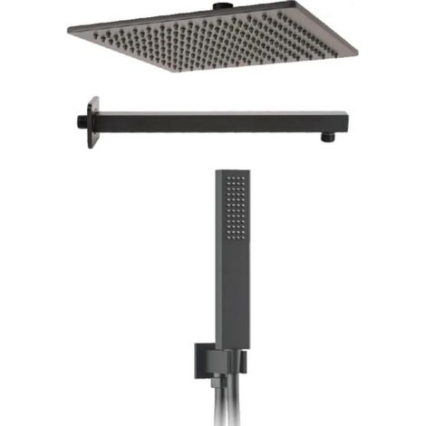 Metaform Seven Kit soffione doccia quadrato in ottone e acciaio inox Aisi 304 nero opaco con braccio doccia doccetta e presa d'acqua (1/5)