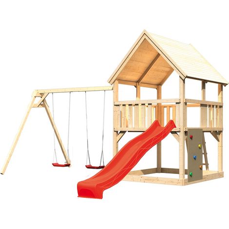 Akubi Spielturm Luis natur Rut. rot+DS+Kletterwand