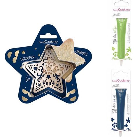 Kit pour biscuit en relief Étoile + 2 Stylos au chocolat vert clair et bleu nuit (1/2)