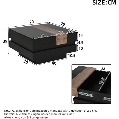 Table basse carrée 70x70x39 cm avec rangement dissimulé, en MDF, noir (1/3)