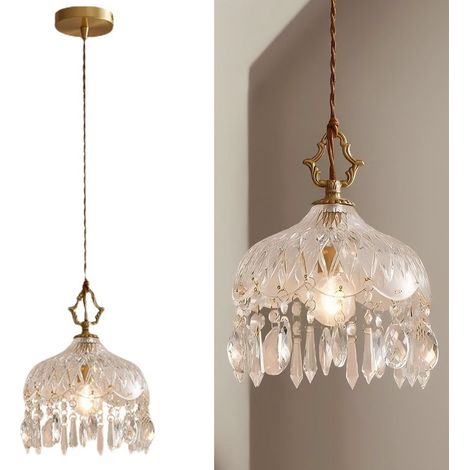 AUTRUCKER Suspension vintage française en laiton,abat-jour en verre,lampe suspendue à une tête réglable pour îlot de cuisine,style hollywoodien-20x27CM