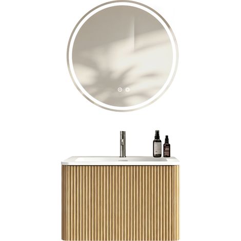 Ensemble salle de bain complet avec miroir rond LED 60 cm, meuble vasque 60 cm armoire basse, armoire murale à rayures et tiroir, pré-monté, finition chêne, rangement moderne. (1/3)